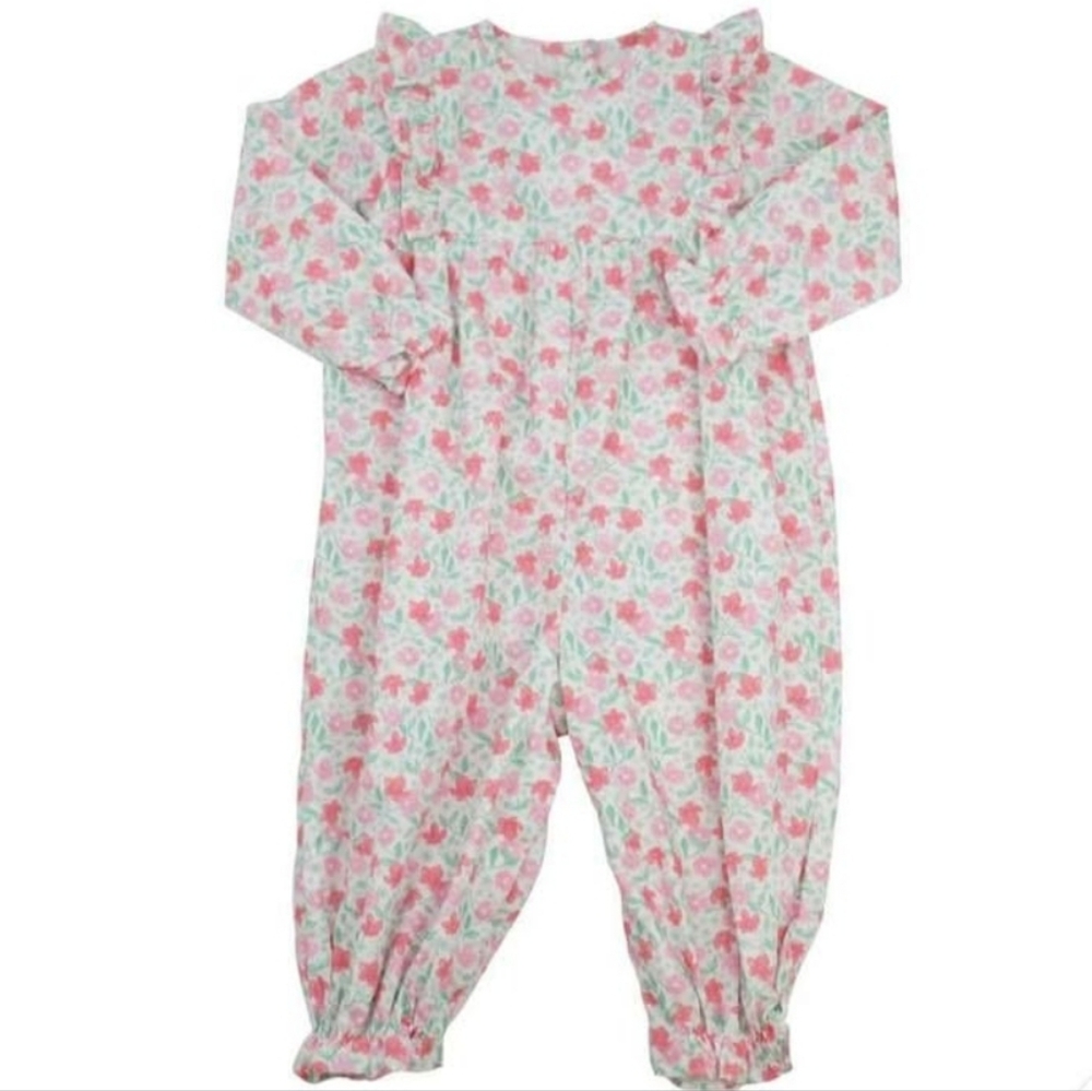 Pink Floral Long-Sleeve Girls Romper with Ruffle Detail